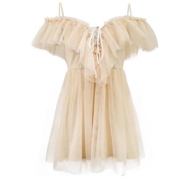 Lace dress Ruffle off shoulder cream lace fairy mesh flare womens dresses - Picture 3 of 16